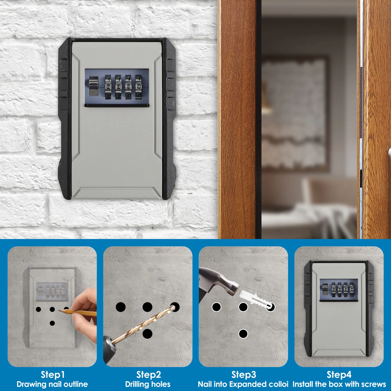 Key Safe Box Wall Mounted Key Lock Safe Box 4 Digit Combination Key Box Resettable Code Key Security Box Key Safe Storage Box