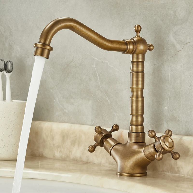 All-copper European antique double handle hot and cold water basin faucet can be rotated