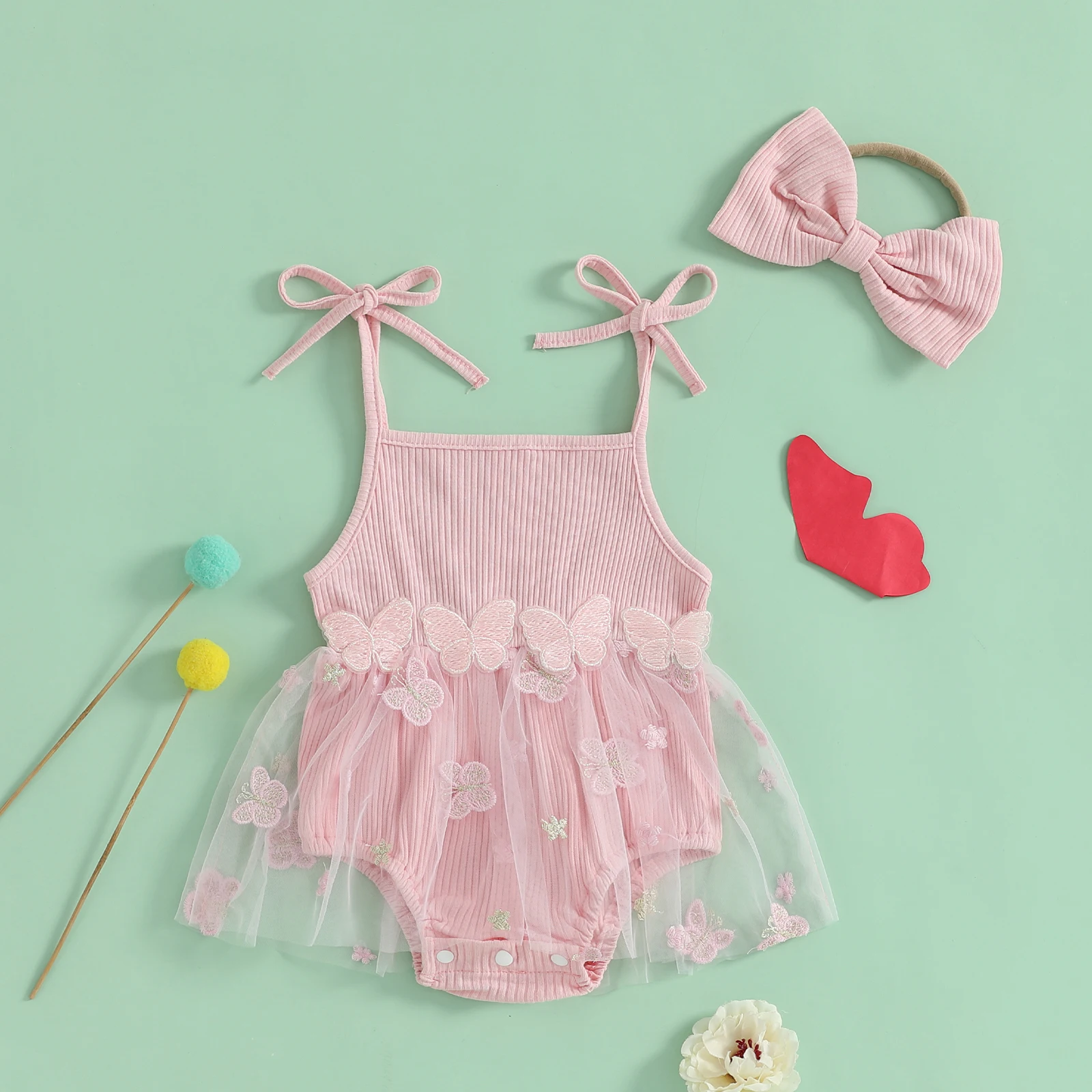 

0-18M Baby Girl Summer Romper Dress Sleeveless Tie-up Butterfly Embroidery Tulle Jumpsuit with Bow Headband 2 Pieces Sets