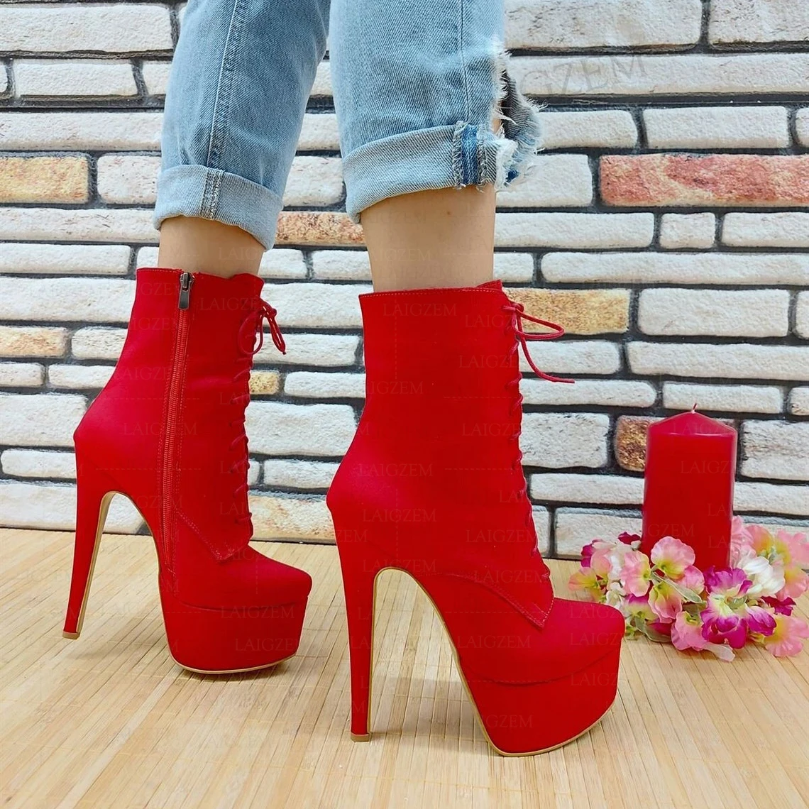 ZHIMA Women Ankle Boots Platform Faux Suede Thin High Heels Zip Up Boots Handmade Ladies Shoes Woman Large Size 41 43 45 50 52