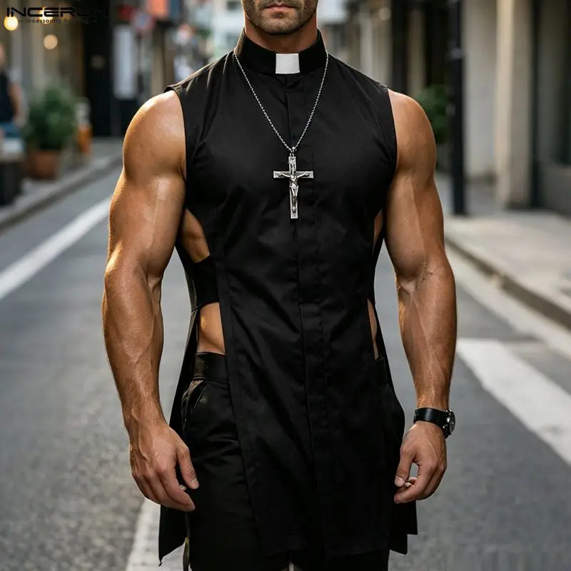 INCERUN Men Tank Tops Solid Color Sleeveless Hollow Out Stand Collar Male Vests Streetwear Summer Sexy Fashion Men Clothes Tops