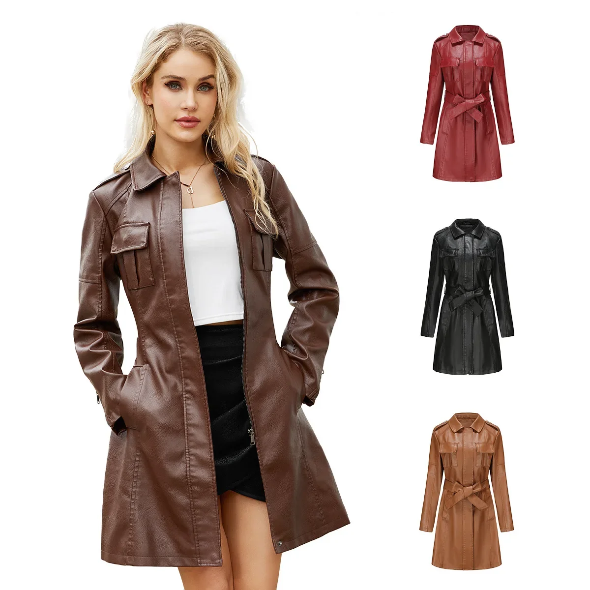 Trench Coats de couro sintético para mulheres, gola virada para baixo, manga cheia, casaco de comprimento médio, renda para cima, cintura apertada, ajuste fino, casual regular sólido