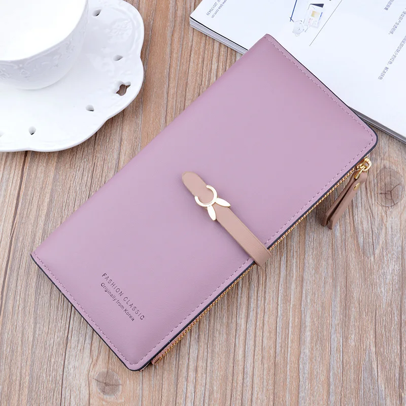 Women\'s Fashion Long Buckle Wallet Small Fresh Girls Soft Leather Wallet Card Bag Pure Colour PU Material