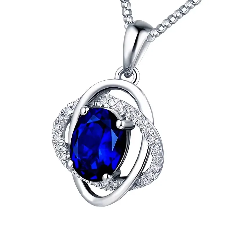 HuiSept Elegant Silver 925 Necklace Oval Shaped Sapphire Zircon Gemstones Pendant Jewelry Ornaments for Women Wedding Wholesale