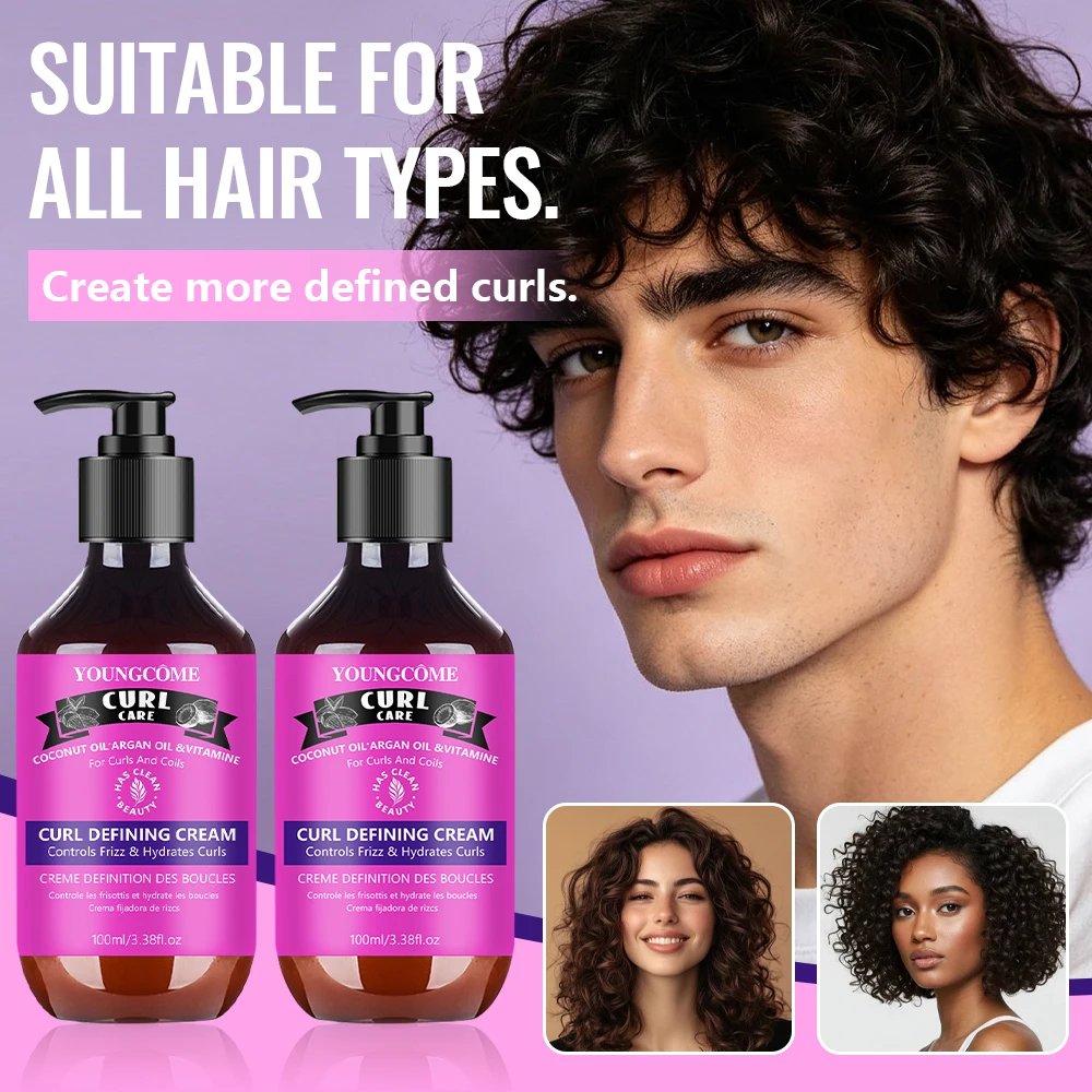 YOUNGCOME CURLCARE Coconut Argan Oil Curl Defining Cream, Control Hydrating Styling Cream for Curly & Coily Hair 100ML
