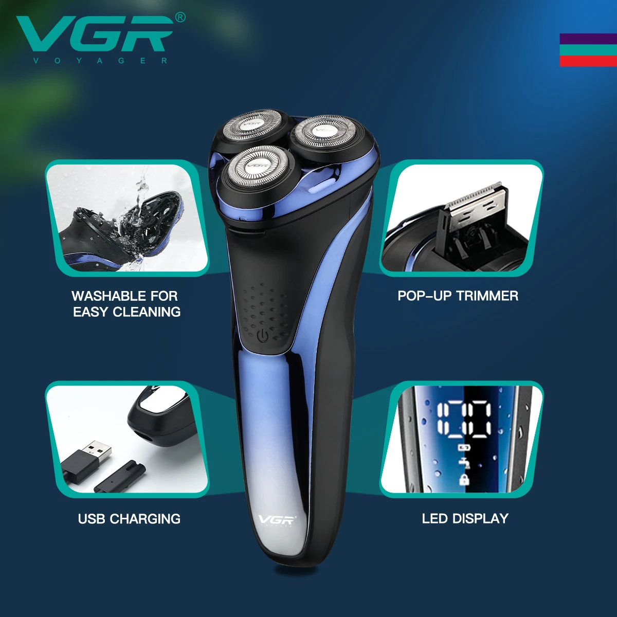 VGR Shaver Professional Razor Electric Beard Trimmer Waterproof Hair Trimmer 3D Floating Rotary Shaving Machine for Men V-306