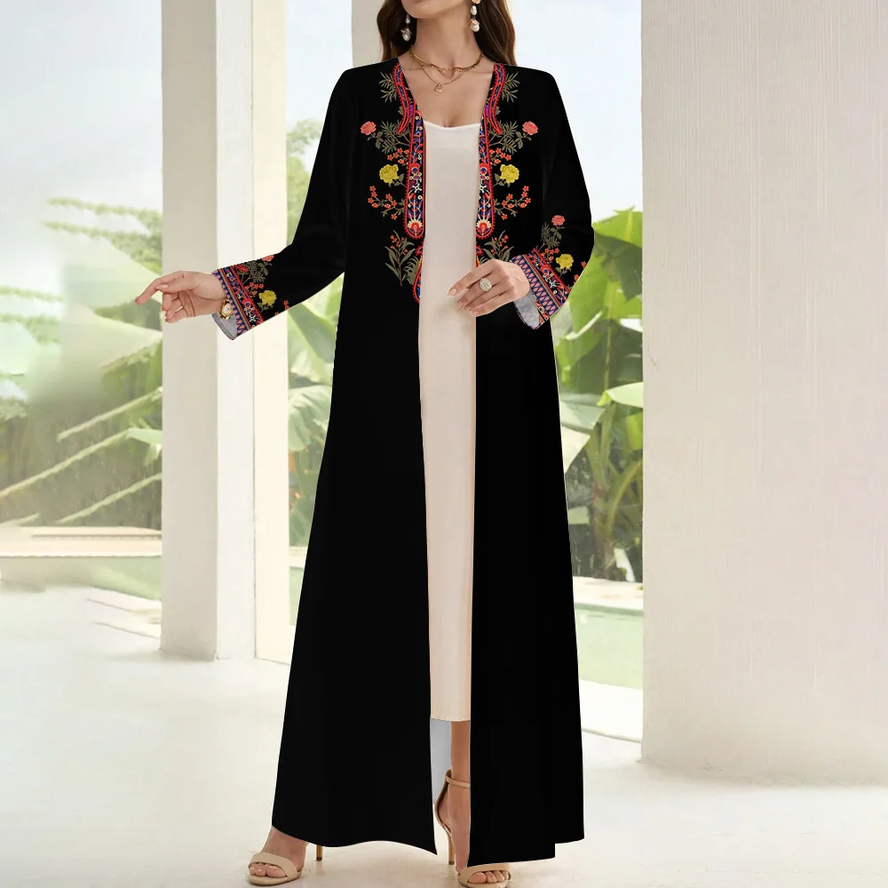Demure Muslim Islamic Open Kimono Abaya Women Two Pieces Long Sleeve Arab Turkey Coat Abaya Dubai Luxury Print Marocain Cardigan