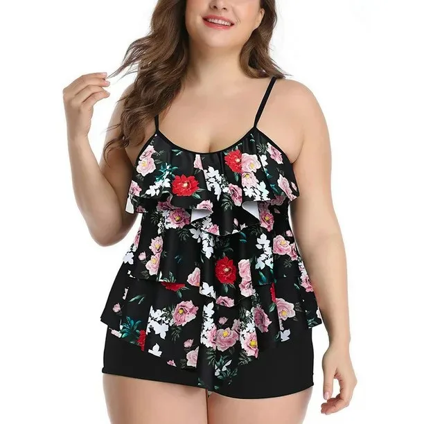 Tankini Woman Bikini Floral Print Plus Size Bikinis High Waist Shorts Swimsuit Spaghetti Strap Cropped Top Two Piece Swimsuit view 3