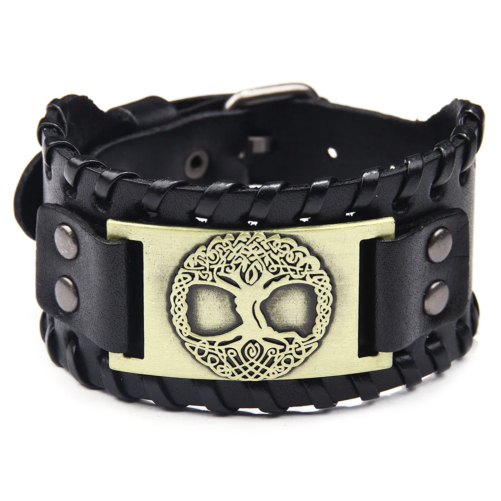 Toten Design Nordic Viking Odin Yggdrasil Bracelet for Man Hand Woven Wide Leather Wristband Adjustable Bangles Punk Jewelry