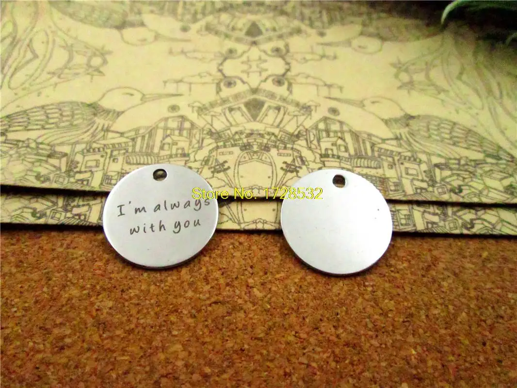 丸いステンレス鋼のペンダント,「I'mwithYou」バージョン2,片面,DIY, 20mm, 20個セット