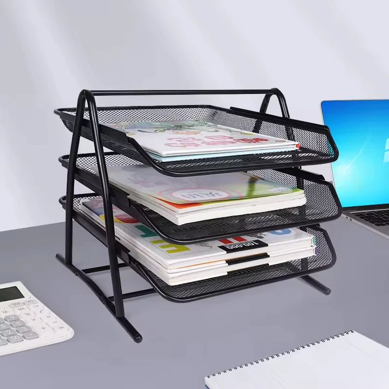 Wholesale Mesh File Rack Organizer Desk Letter Tray Office School Paper Document Holder 3 Tier Metal Black Stackable File Tray