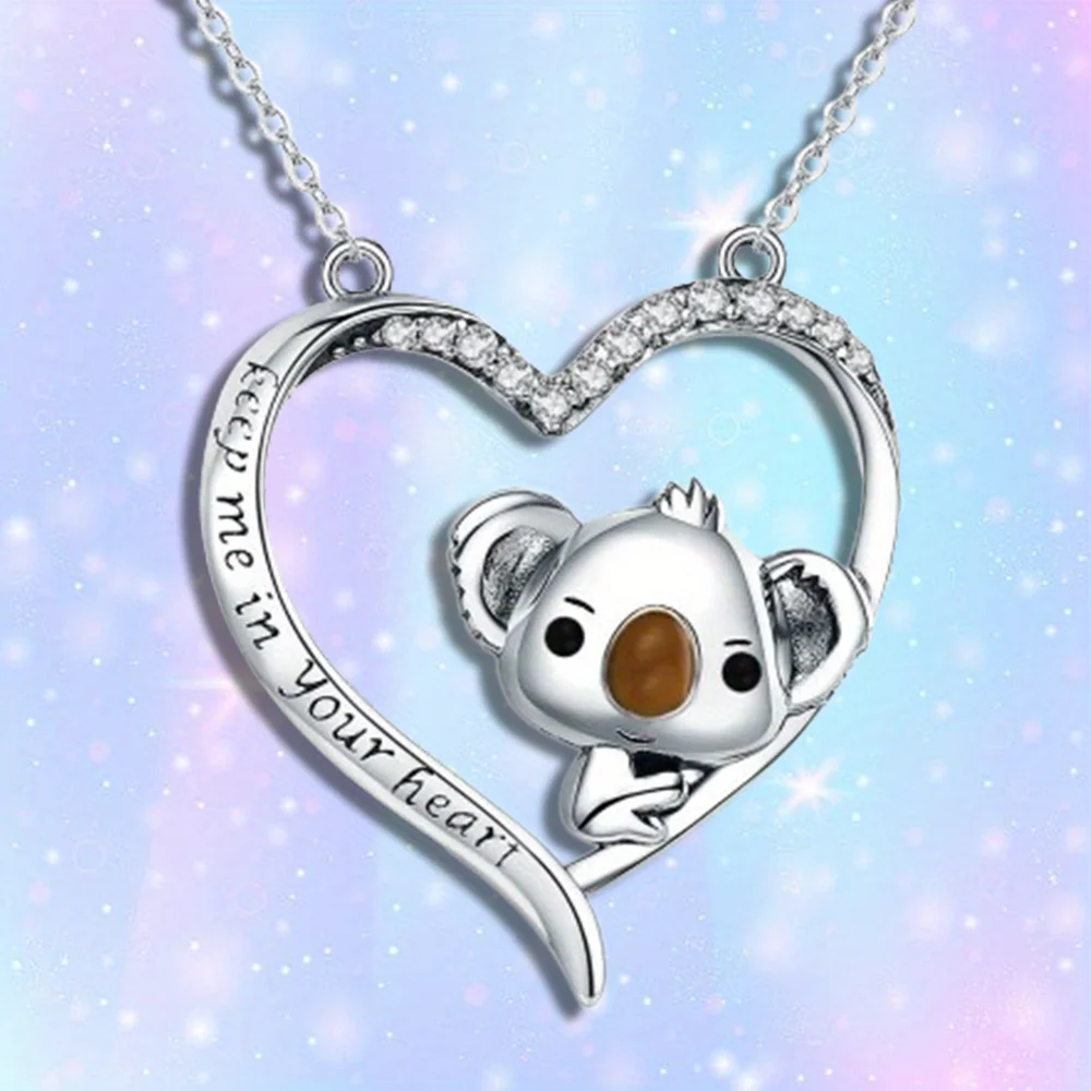 Fashion Cute Koala Alphabet Heart Shape Pendant Necklace with Beautiful Rhinestones Women Necklace Perfect Gift for Girls