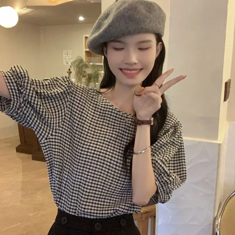 2025 Spring/Summer New Fashionable Round Neck plaid Top+Casual Shorts Two Piece Set