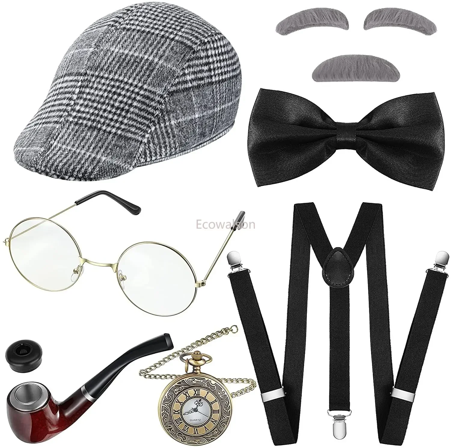 8 Pieces 1920s Old Man Costume Grandpa Costume Accessories Set Beret Hat Glasses Eyebrow Beard Suspender Bow Tie Pocket Watch