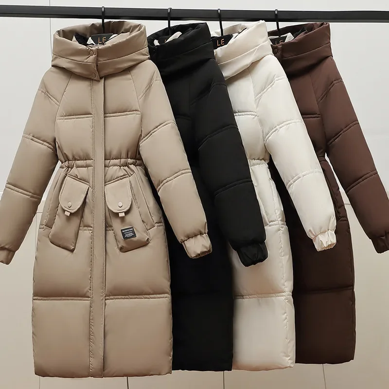 Winter Long Parkas Over-the-knee Puffer Jacket Warm Woman Clothing Thick Drawstring Windproof Coat Pocket Long Sleeve Snowsuits