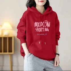 Women Clothing Commute Large Version Hoodies Letter Printed Chic Pure Cotton Pullovers Autumn Winter Pockets Printed Sweatshirts