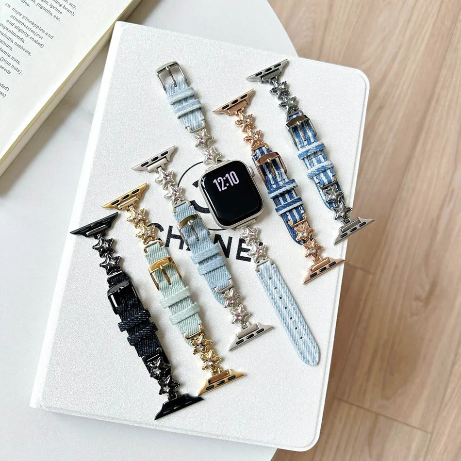سوار أنيق من الزركون على شكل نجمة بالون لساعة Apple iWatch Series 10 9 8 7 6 5 4 3 2 SE Ultra Band 38 مم 40 مم 41 مم 42 مم 44 مم 45 مم 46 مم 49 مم أساور من الجلد الدنيم