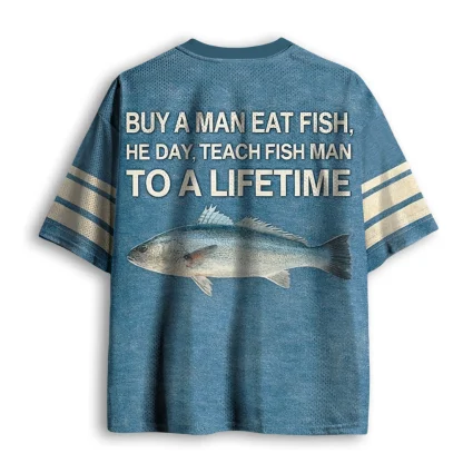 Vintage Mesh V Neck Shirt Funny Fish Slogan Print Men Loose Summer Casual Short Sleeve Top