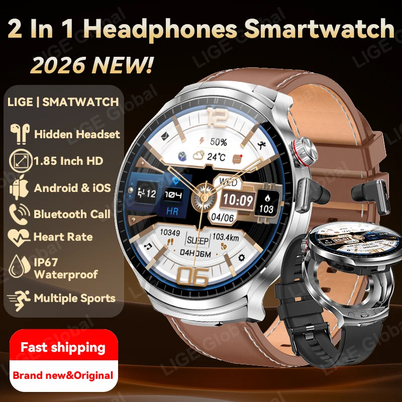 

LIGE 2026 New 1.85" Smart Watch TWS 2-In-1 Bluetooth Earphones Bluetooth Call For Men Women Sports Health Monitor Smartwatches