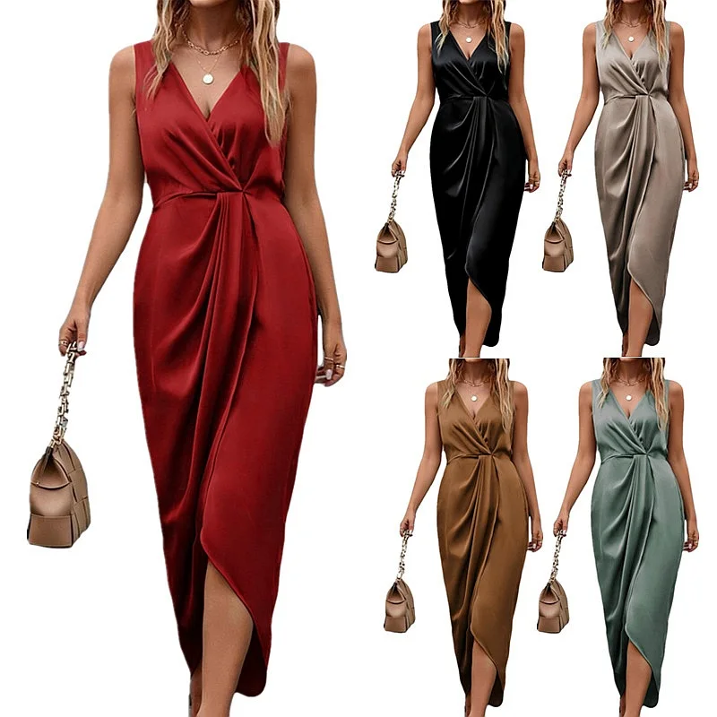 

Double Faced Satin V Neck Sleeveless Split Irregular Long Dress Dresses Spring Summer Elegant Fashion