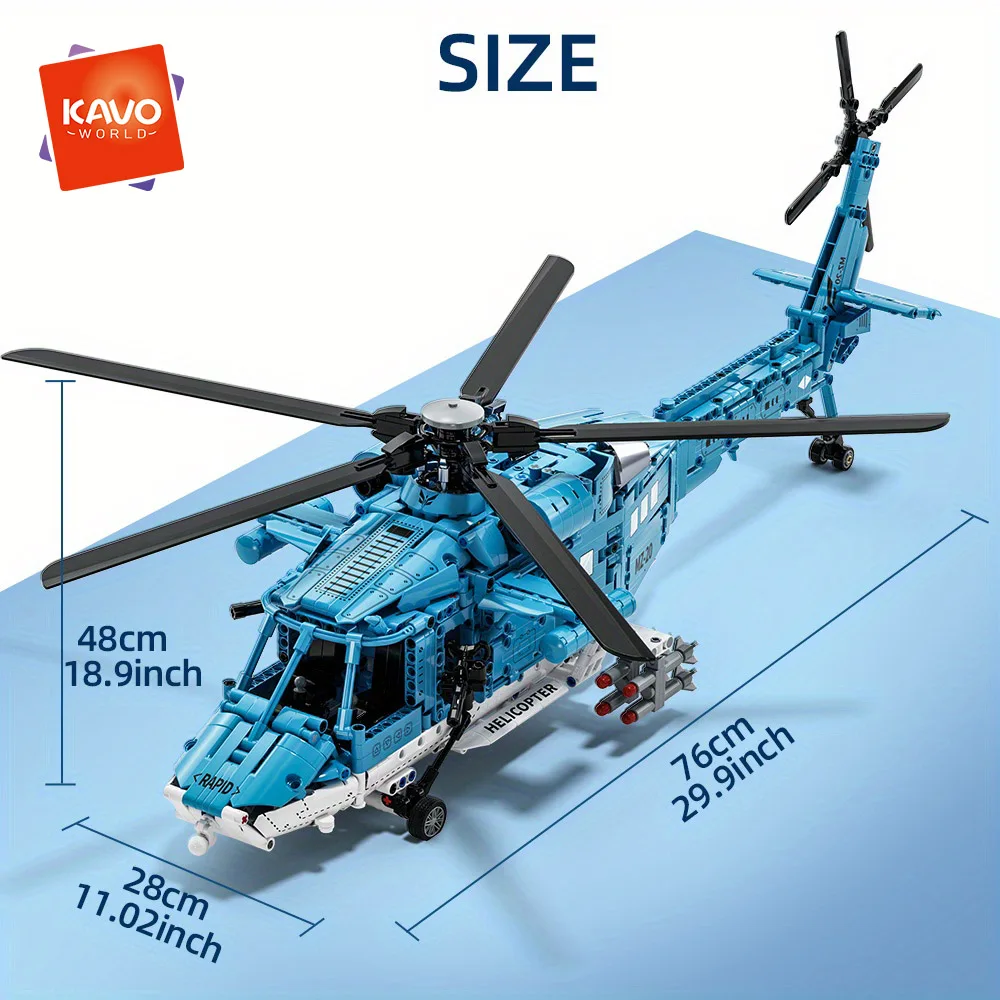 KAVOWORLD 1521PCS Blue Helicopter Building Toys Set Remote Control Realistic Airplane Model with Working Landing Gear Rotating Rotors Missiles Cockpit and Equipment Systems DIY Assembly Bricks for Teenagers Ideal Birthday Christmas Gift for Airplane Fans view 2