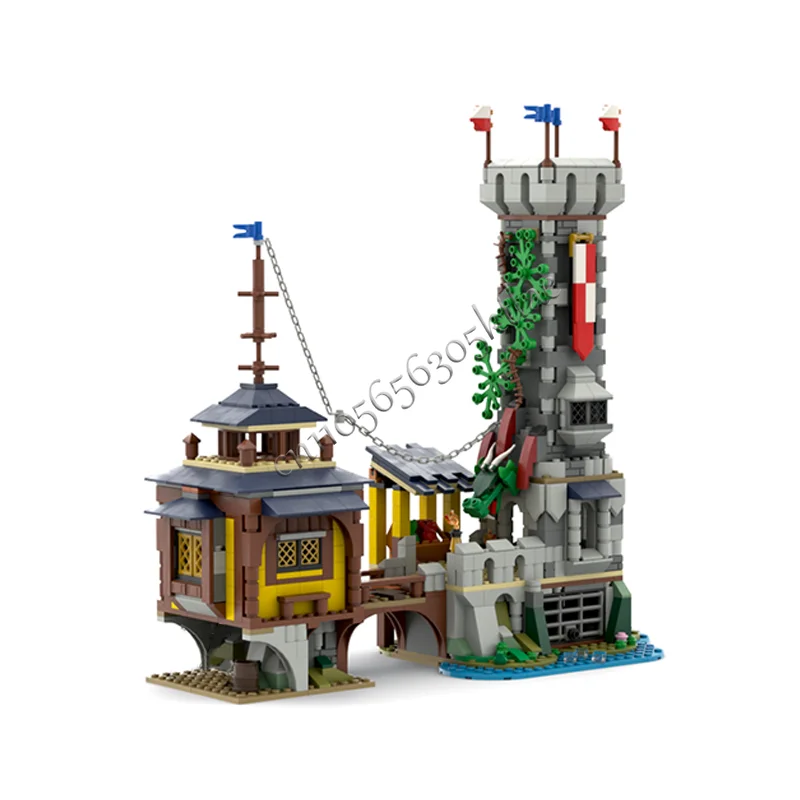 Juego de bloques de construcción de muelle de torre de dragón Medieval MOC, modelo de escena arquitectónica europea, ladrillos, montaje para niños, regalo de cumpleaños, 1035 Uds.