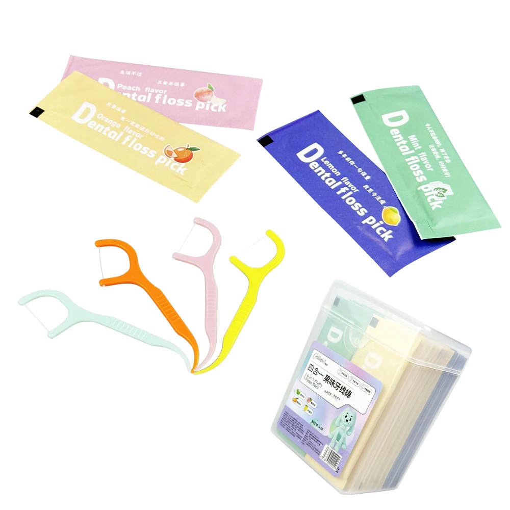 50pcs/box Fruit Flavor Dental Floss Colored Toothpicks Teeth Cleaning Stick Plastic Interdental Flosser Picks Oral Hygiene Tools