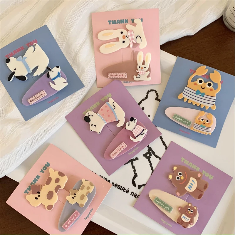 

2PCS Cute Dog Cat Bear Rabbit Crab Hairpin Sweet Cartoon Animals Duckbill Clips Bangs Hairpin Broken Hair Clip Hair Accessories