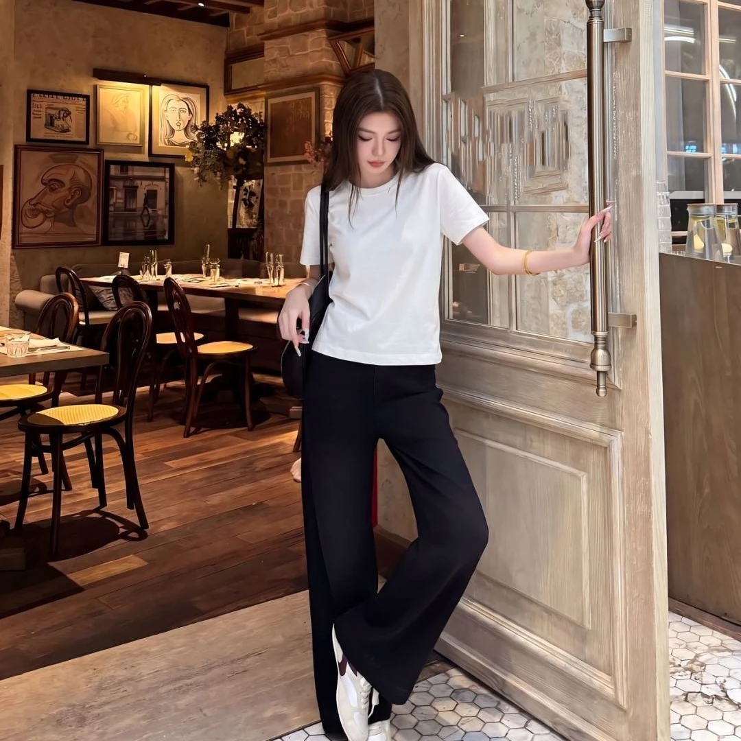 

2026 Spring New Style Women's Knitted Short Sleeve round Neck Top Small Fragrance Style Fashion Commute Slim Fit Cotton T-Shirt