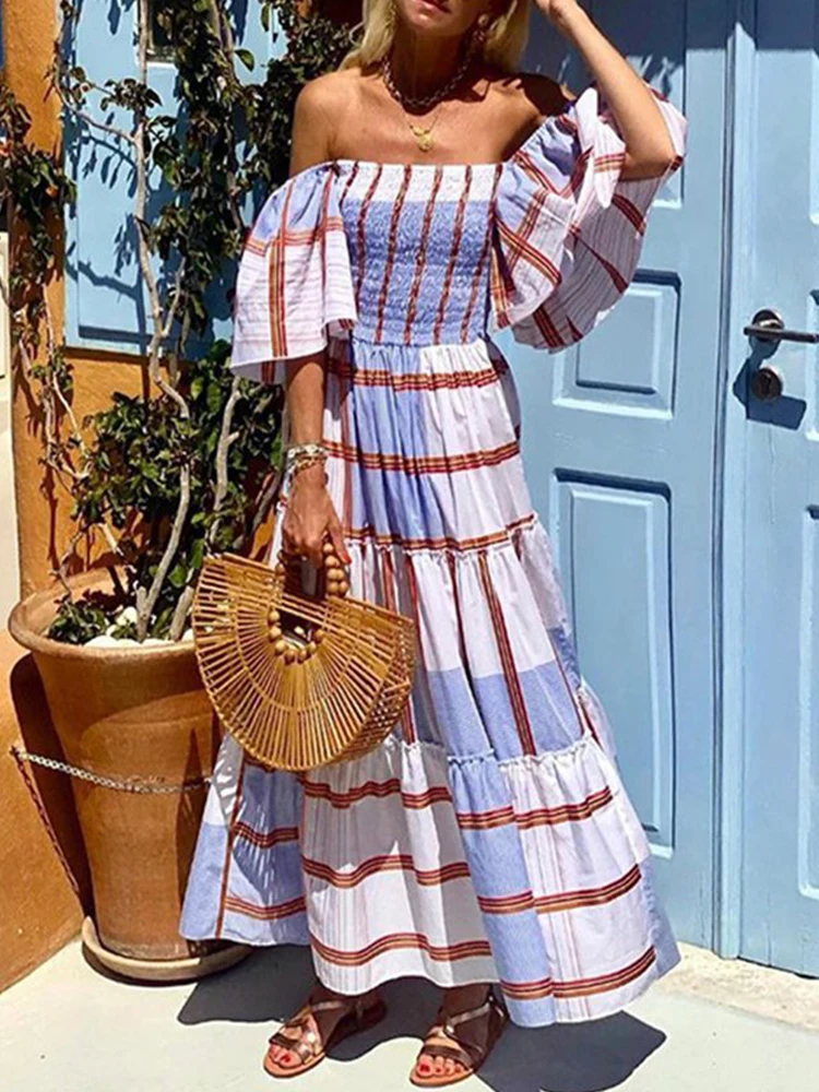 Sommer Frauen Plaid Print A-line Strand Kleid Sexy Weg Von der schulter Boho Lange Kleid Casual Femme Slash Neck Cover Up sommerkleid