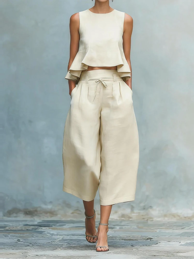 

Casual O-neck Pullover & Wide Leg Pant Set Women Elegant Hight Waist Solid Long Pant Suit Fashion Simple Cotton Linen 2Pc Outfit