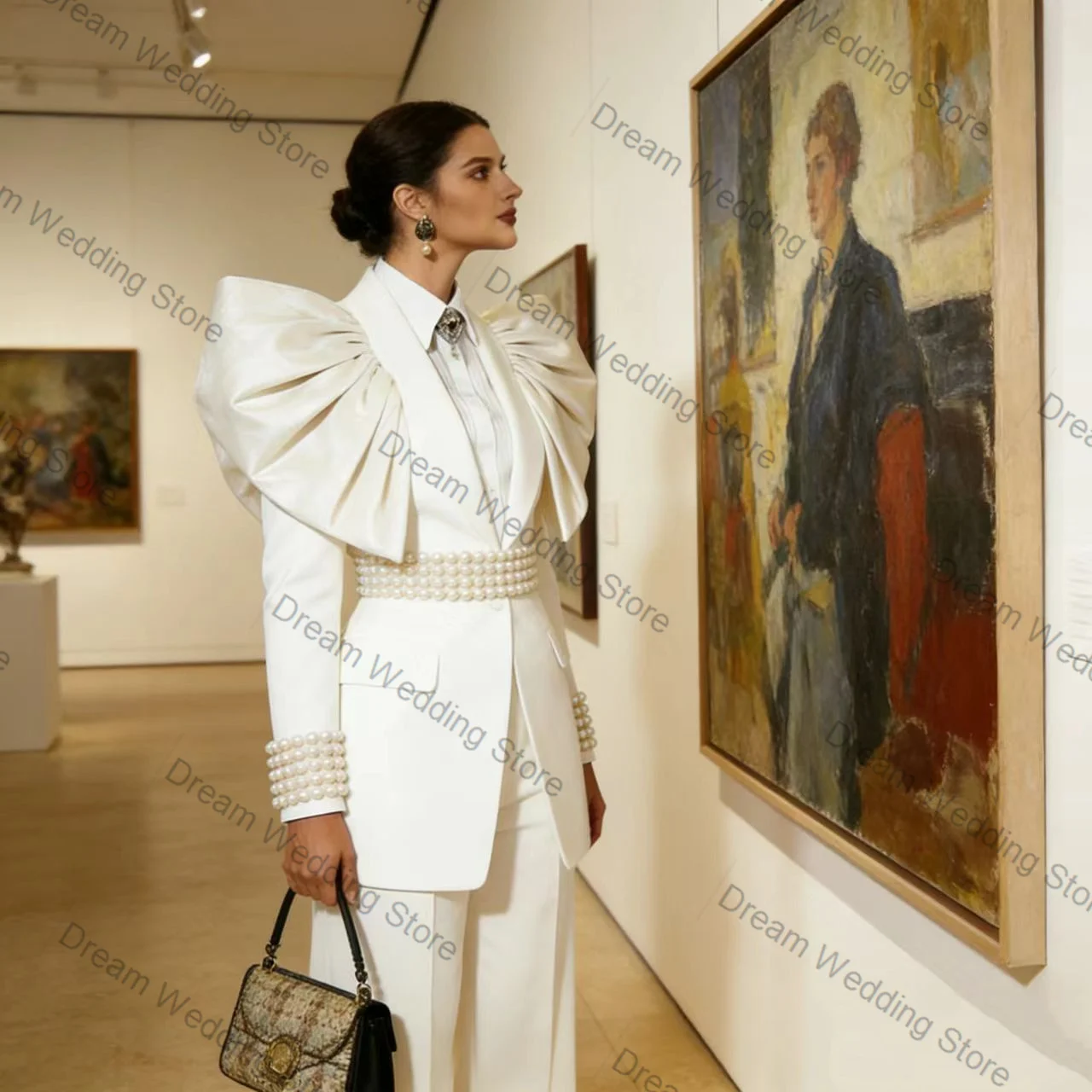 

Pearls White Women Suit Set 2 Pcs Blazer+Pants Spring Cotton Designer Formal Office Lady Jacket Customized Wedding Guest Coat