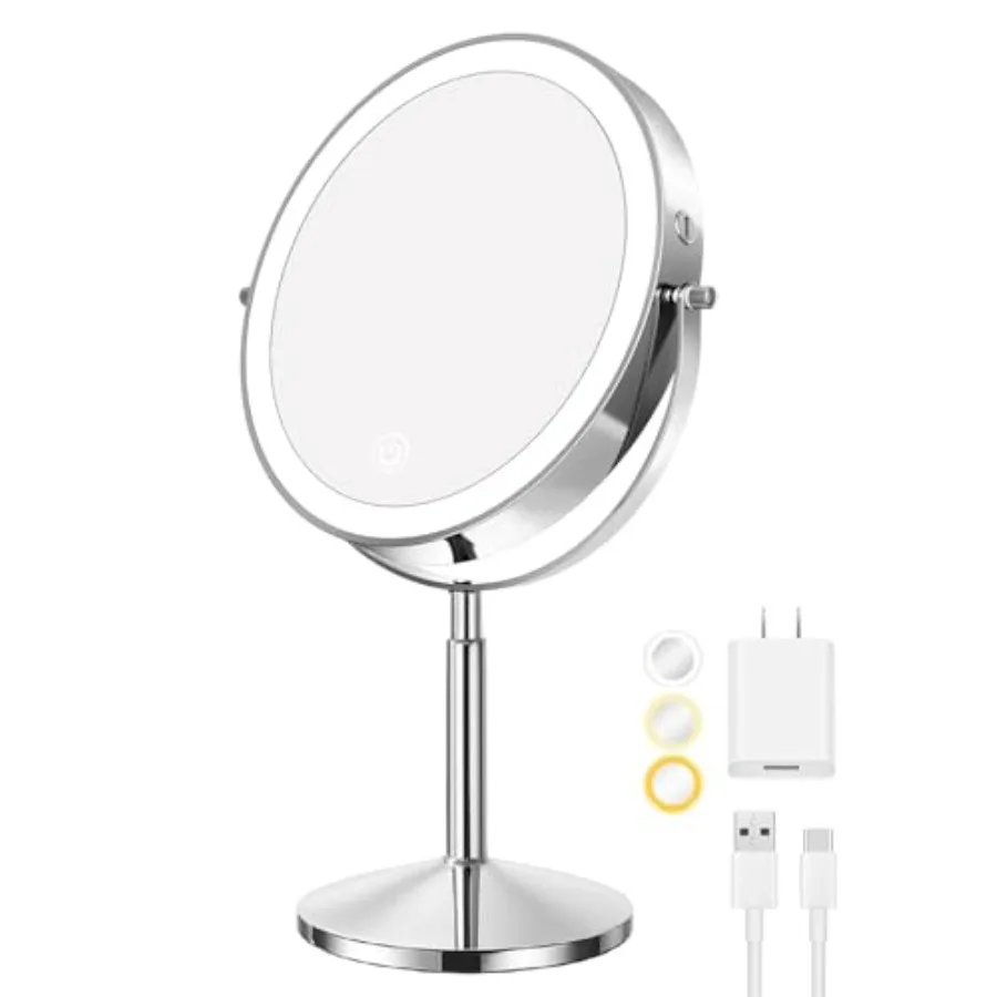 

Professional 9" LED Makeup Mirror with Lights, 1X/10X HD Magnification, High-CRI 97 Daylight, 3 Color Dimmable Light, Rechargea
