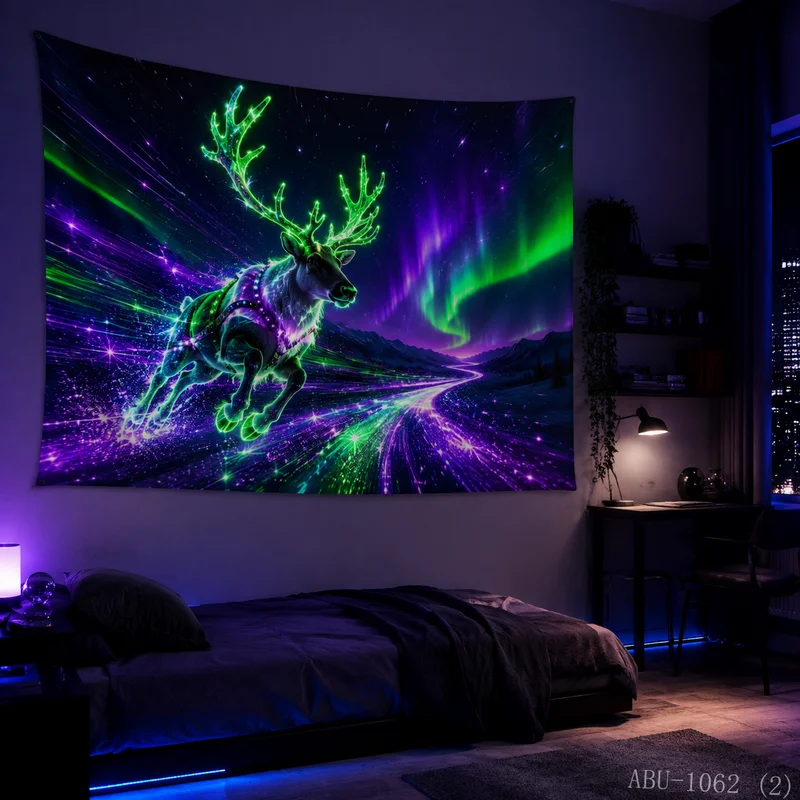 VIKAMA Purple Blue Aurora Lake Elk Christmas Tapestry High Definition Background Cloth Holiday Atmosphere Room Decoration