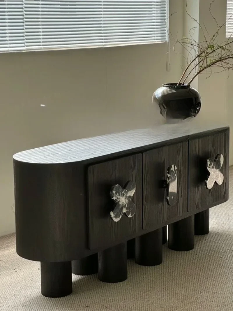 Retro black solid wood dining side cabinet, household entrance foyer, porch cabinet, designer villa model room, locker