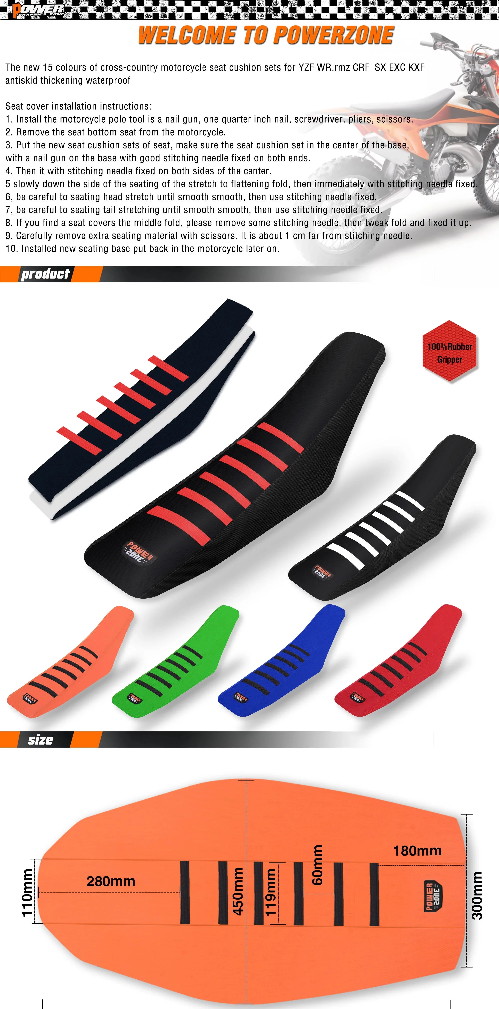Powerzone Rib Ribbed Gripper Sitzbezug im wasserdichten Set-Schutz, rutschfest, für SXF EXC KXF CRF YZF WR TC TE 02 – Detail 1