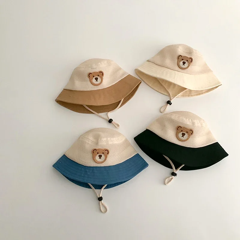 Baby Summer Bucket Hat Cute Bear Toddler Kids Mesh Breathable Sun Hats Outdoor Beach Boy Girl Panama Fisherman Cap