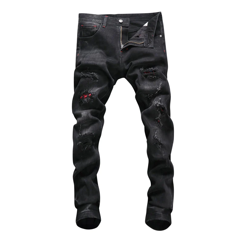 Streetwear Fashion Men Jeans Retro Black Gray Stretch Slim Ripped Jeans Men Patched Designer Hip Hop Elastic Denim Pants Hombre