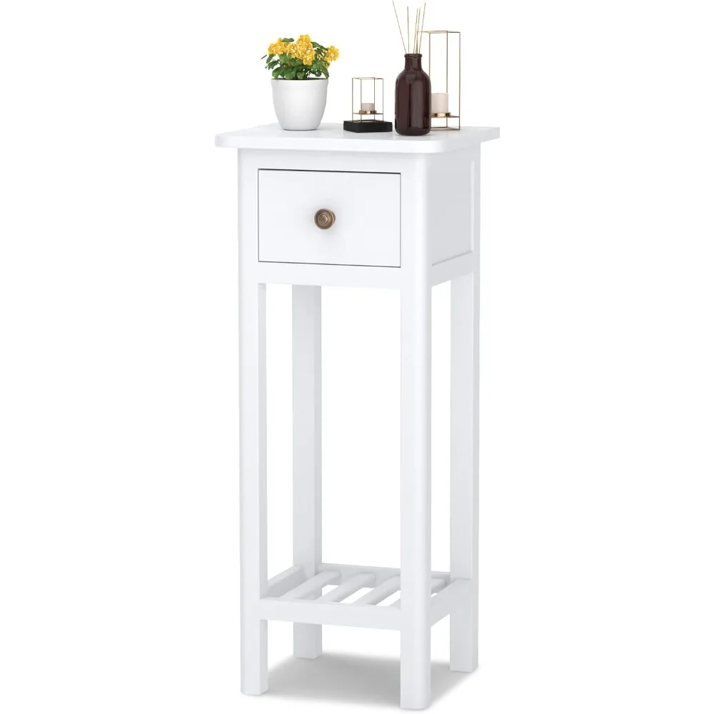 

Narrow End Table, Tall Nightstand with Drawer & Shelf, Small Bedside Table w/Anti-Tipping Device, No Assembly