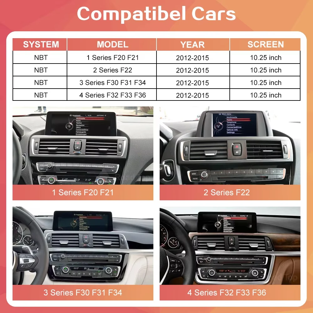 Wireless CarPlay Android Auto Car Multimedia For BMW 1/2/3/4 Series F20/F21/F30/F31/F32/F33/F34/F36 Screen Display monitor