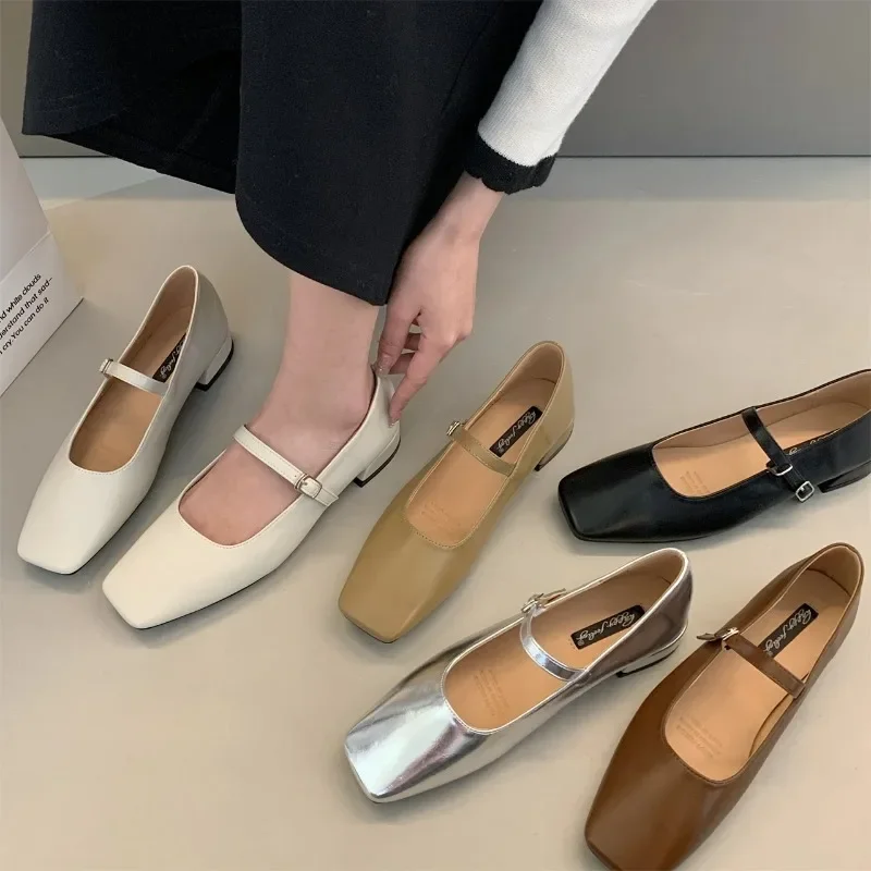 

Fashion Flats 2023 Brand Design Square Toe Women Ballet Shoes Casual Buckle Strap Female Dress Shoes Low Heels Mu