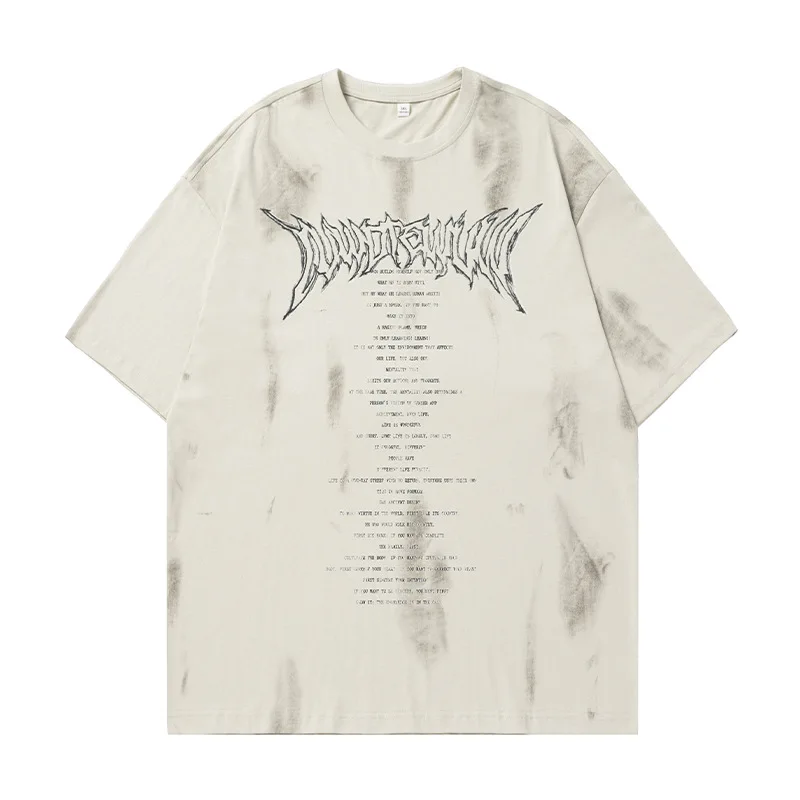 Hand-painted Printed Pure Cotton T-shirt For Men's 2024 Summer Casual Short Sleeved Distressed And Brushed Vintage T-shirt