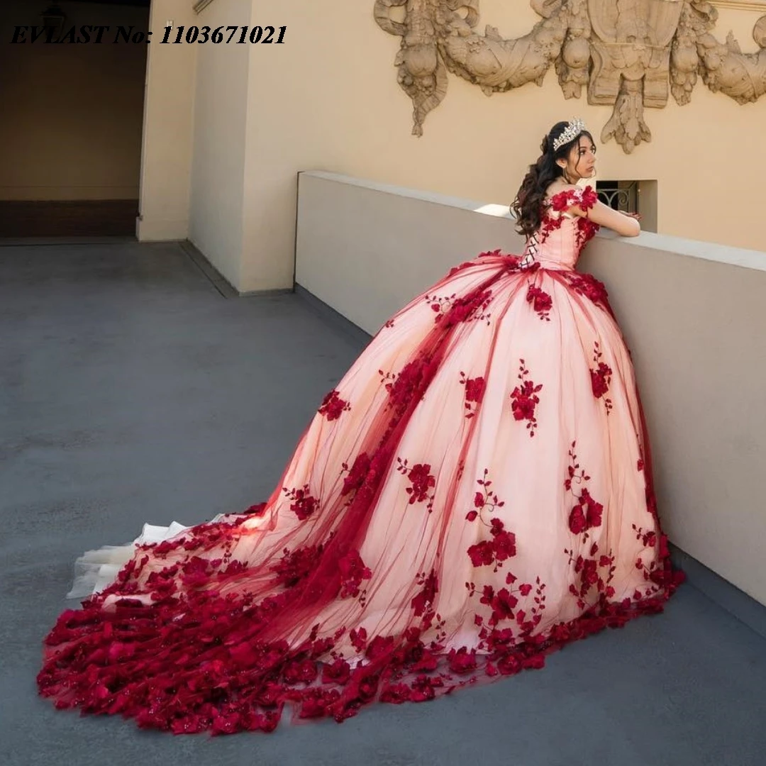 EVLAST مخصص الشمبانيا الكرة ثوب Quinceanera فستان أحمر ثلاثية الأبعاد الأزهار الدانتيل زين مطرز مشد الحلو 16 Vestidos De Anos SQ389