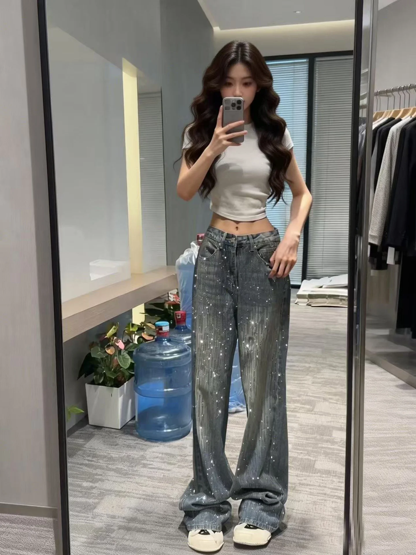 

Широкие синие джинсы прямого кроя с блестящими бриллиантами, женские осенне-зимние новые утягивающие брюки длиной до пола