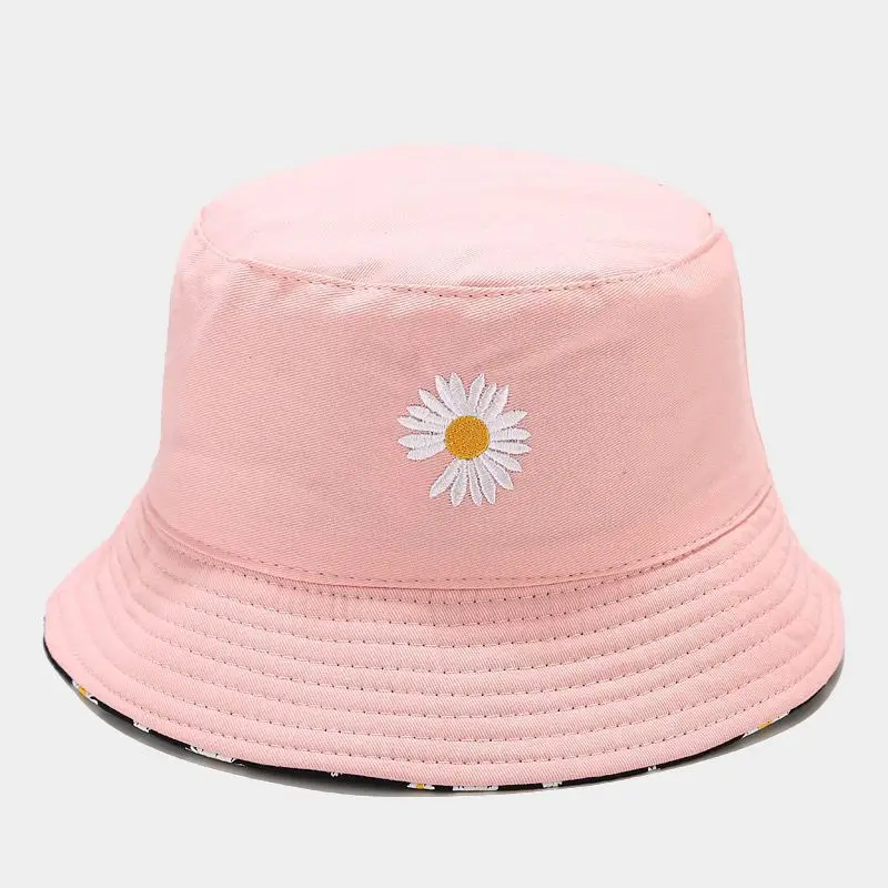 Popular Korean Daisy Embroidery Bucket Hat For Women Tropical Flower Print Double-Side Beach Panama Bob Caps Fisherman Sun Hat