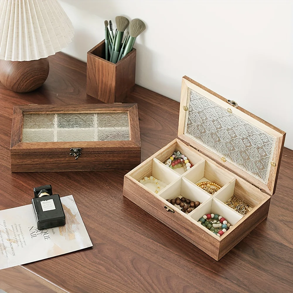 

Light luxury retro jewelry box, clamshell grid, wooden box, retro desktop, dustproof storage box
