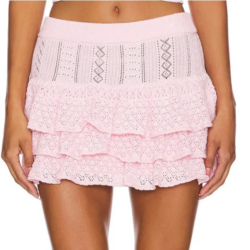 Teen Girl Layered Ruffle Mini Skirts Casual High Waist Solid Color Knitted A-Line Skirts Women Ladies Cute Pink Short Skirts