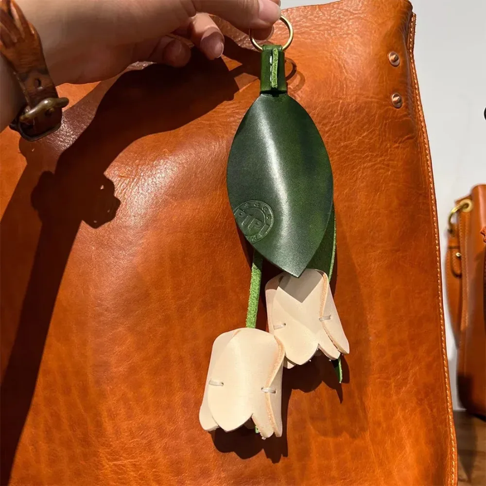 Handmade Oil Wax Full Grain Leather Tulip Flower Keychain Premium Purse Charm Accessory, Durable Genuine Leather Keychain