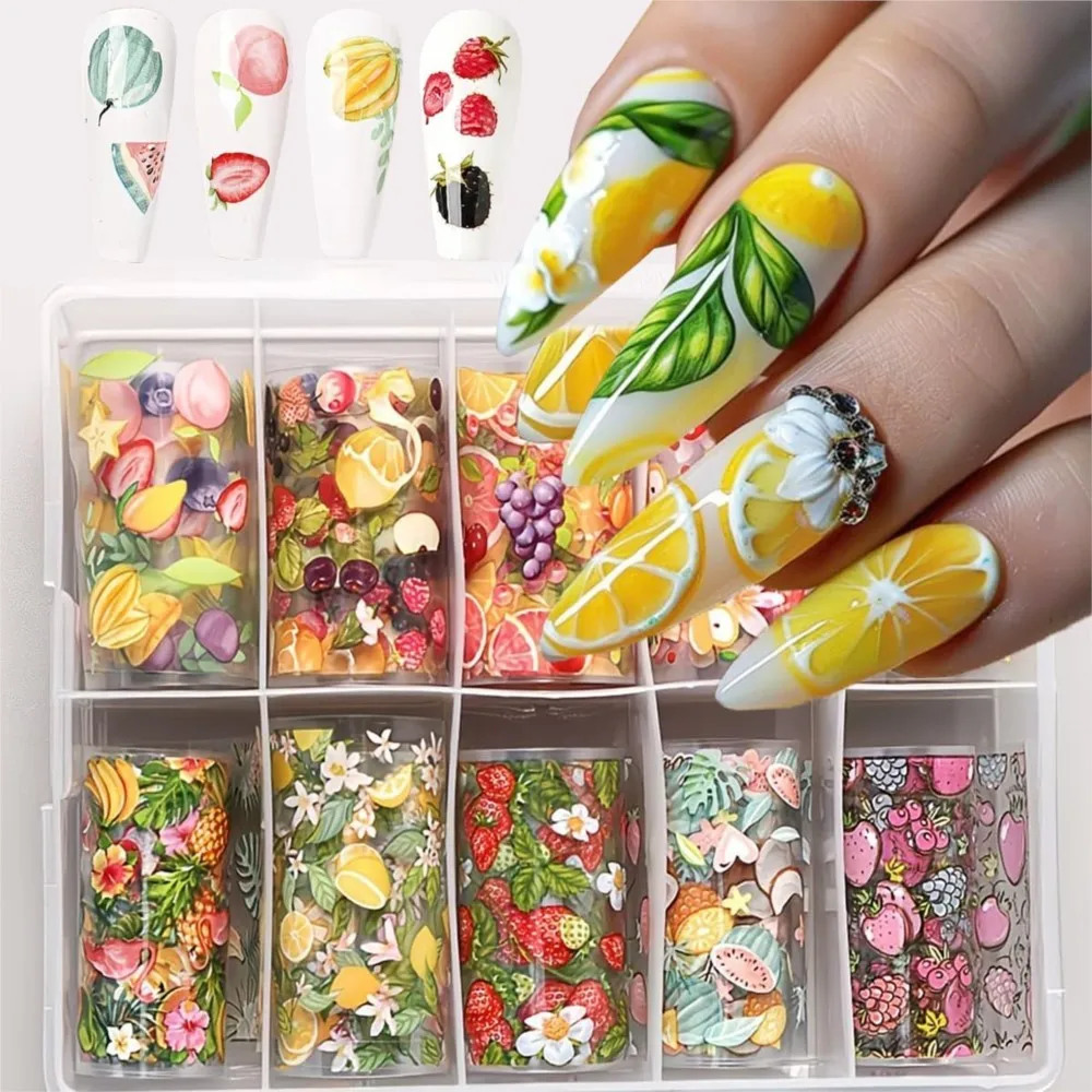 10 Rollen/Box Sommer-Frucht-Nagelfolien-Transferaufkleber Zitrone Erdbeere Blumen Nagelsticker Sternenhimmel Papier Maniküre-Dekoration S4