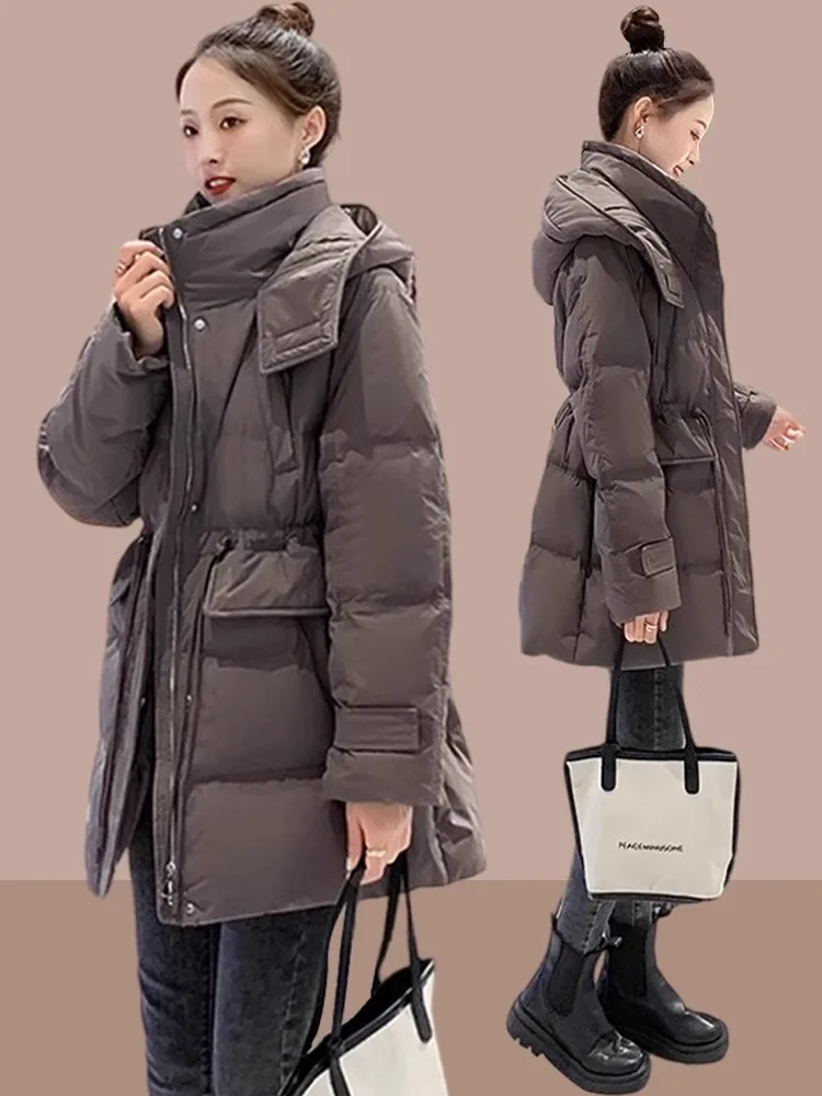 

Women's Mid-Length Parka Coat Thiened Fce Inner Waist-Cinching Slimming Cotton Jaet Korean Sle Long Sve Coat